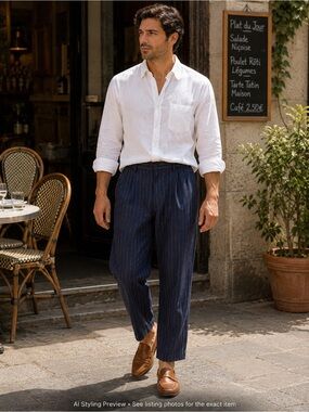 Uniqlo Linen Pinstripe Trousers Elastic Waist Navy Ankle L